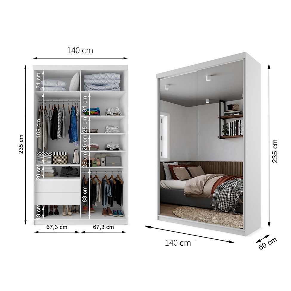 Guarda-Roupa Solteiro com 2 Espelhos Geneve 2 Portas 2 Gavetas Branco