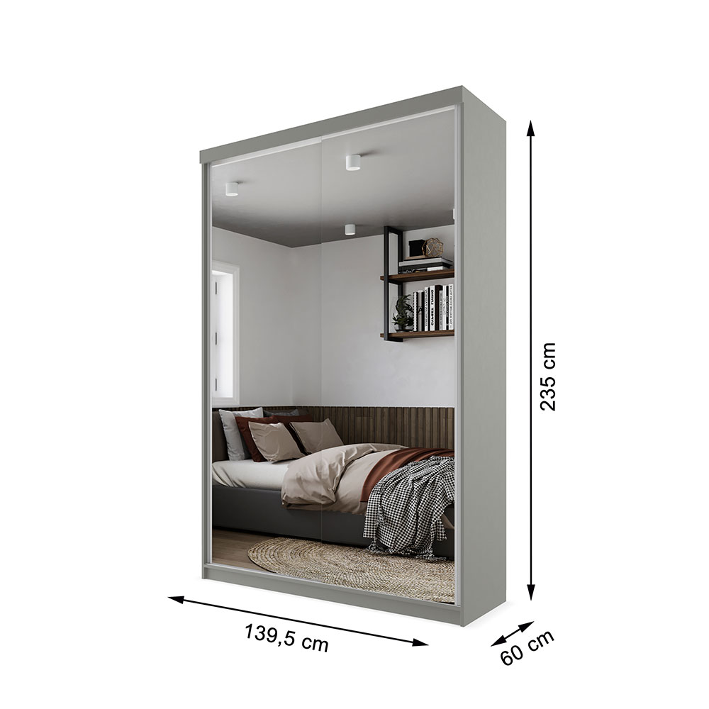 Guarda-Roupa Solteiro com 2 Espelhos Geneve 2 Portas 2 Gavetas Cinza