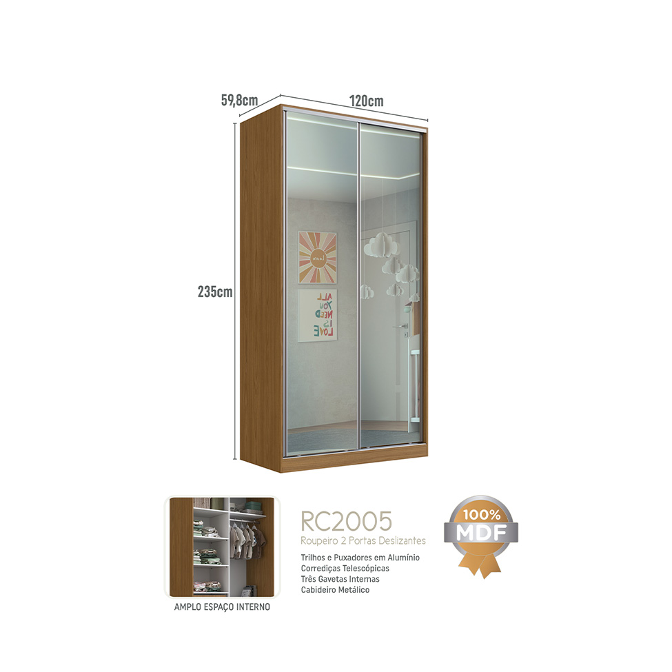 Guarda-Roupa Solteiro com 2 Espelhos Lótus 2 Portas 3 Gavetas Freijó