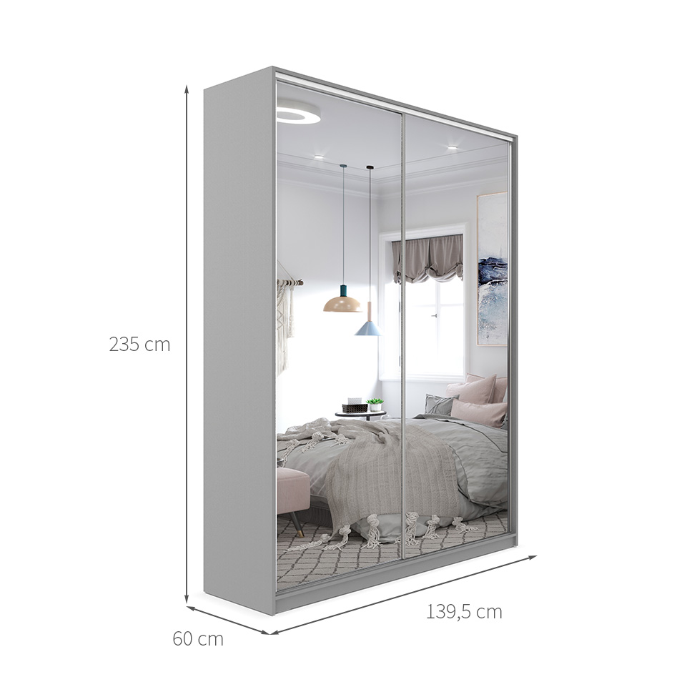 Guarda-Roupa Solteiro com 2 Espelhos Zermatt 100% MDF 2 Portas 3 Gavetas Cinza