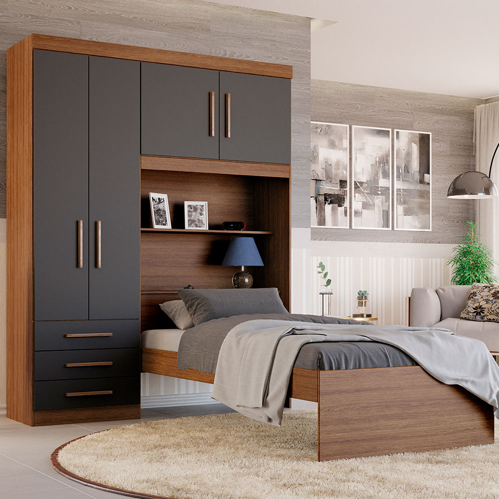 Guarda-Roupa Solteiro com Cama e Baú Advantage 4 PT 3 GV Ipê Wood e Grafite