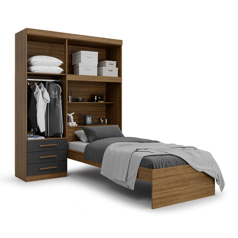 Guarda-Roupa Solteiro com Cama e Baú Advantage 4 PT 3 GV Ipê Wood e Grafite