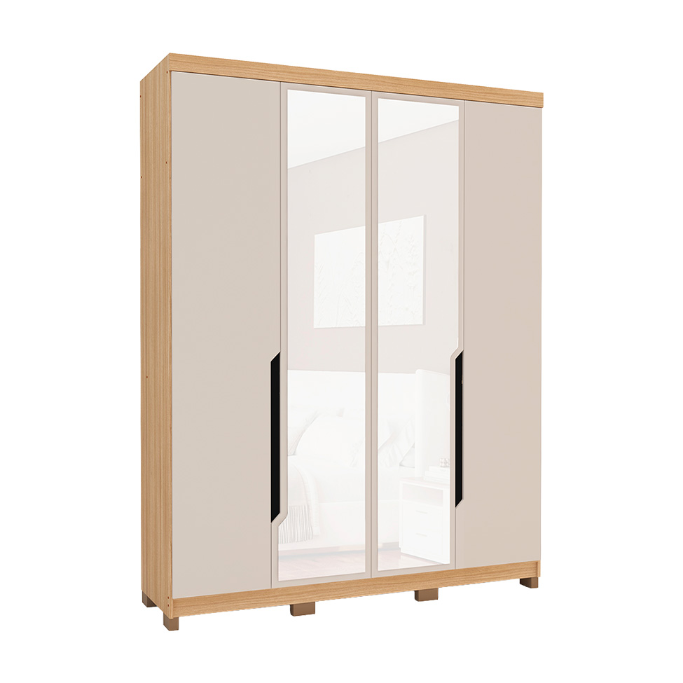 Guarda-Roupa Solteiro com Espelho Barcelona 4 Portas 2 Gavetas Carvalho e Off White