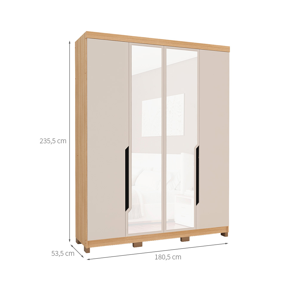 Guarda-Roupa Solteiro com Espelho Barcelona 4 Portas 2 Gavetas Carvalho e Off White