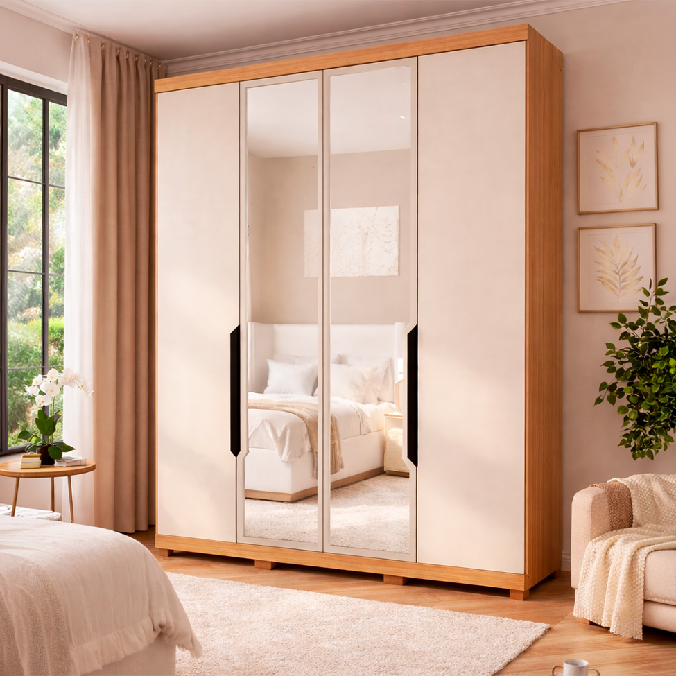 Guarda-Roupa Solteiro com Espelho Barcelona 4 Portas 2 Gavetas Carvalho e Off White