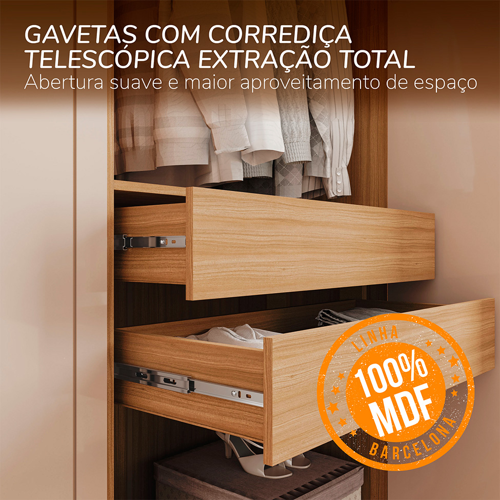 Guarda-Roupa Solteiro com Espelho Barcelona 4 Portas 2 Gavetas Carvalho e Off White