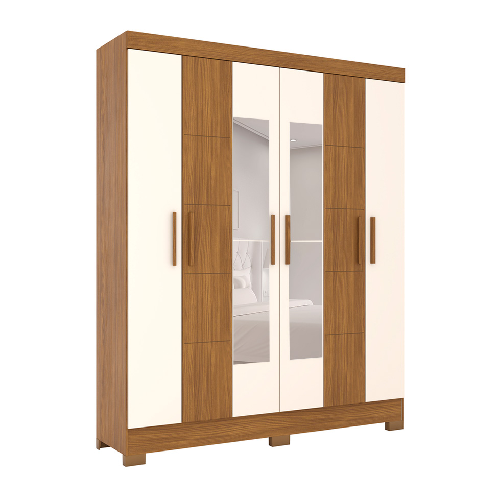 Guarda-Roupa Solteiro com Espelho Benedict 6 Portas 2 Gavetas Off White e Nature