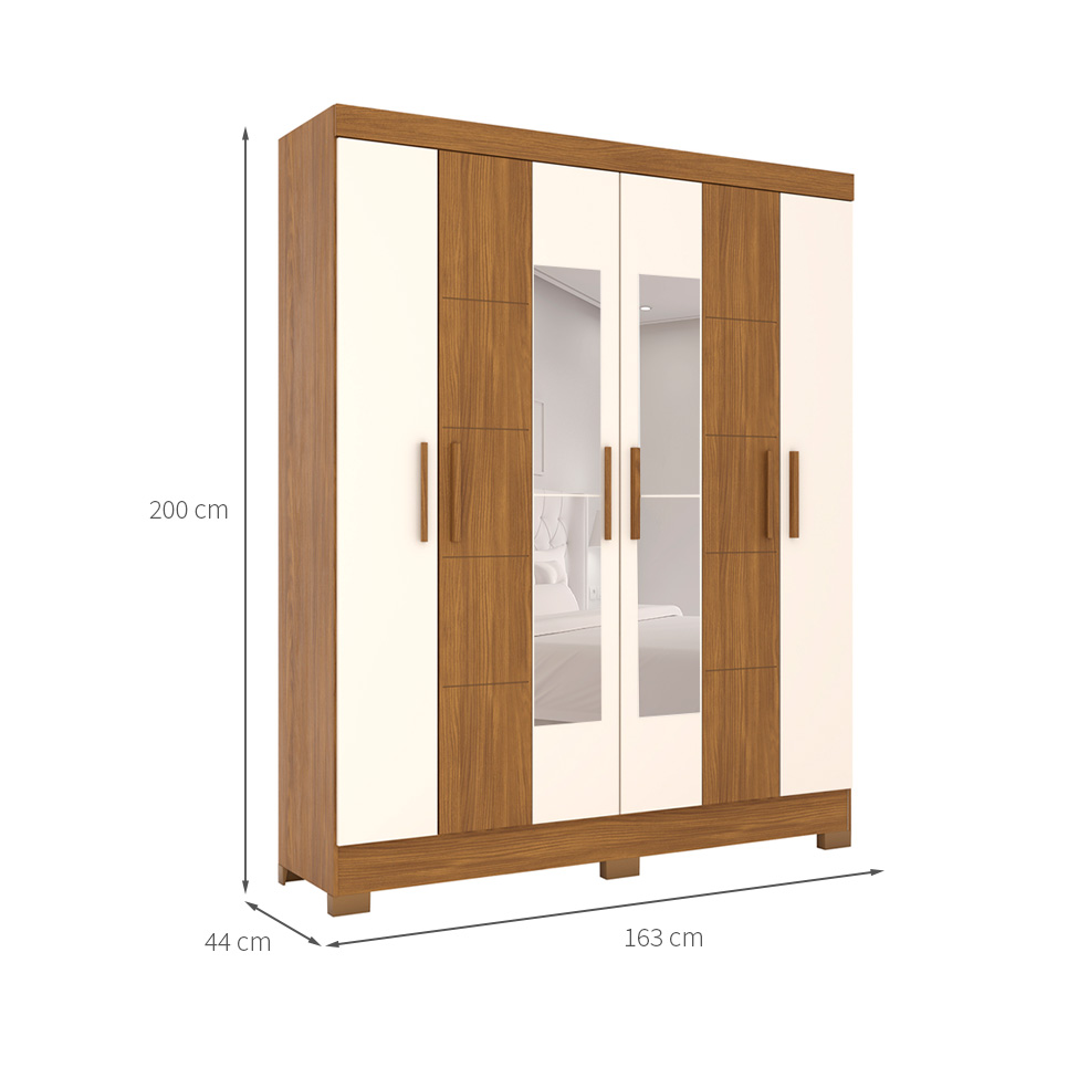 Guarda-Roupa Solteiro com Espelho Benedict 6 Portas 2 Gavetas Off White e Nature
