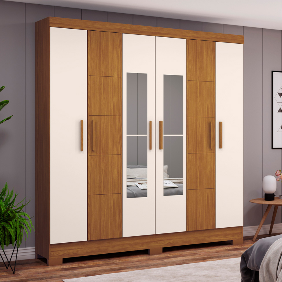 Guarda-Roupa Solteiro com Espelho Benedict 6 Portas 2 Gavetas Off White e Nature