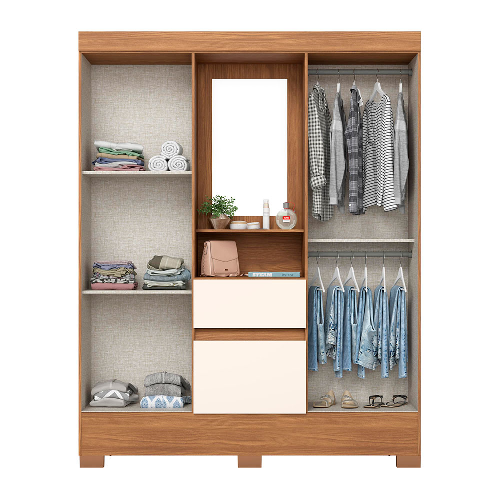 Guarda-Roupa Solteiro com Espelho Briz 4 Portas 2 Gavetas Nature e Off White