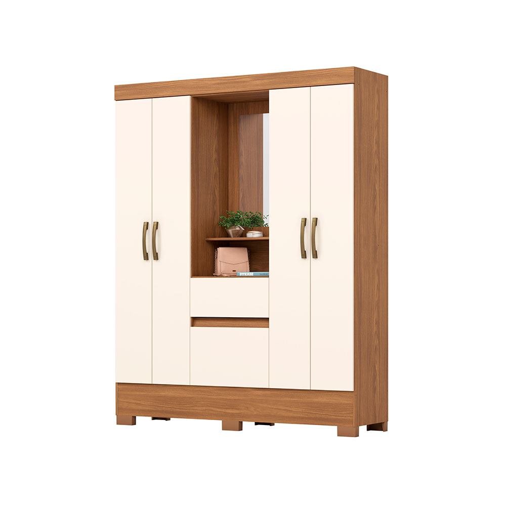 Guarda-Roupa Solteiro com Espelho Briz 4 Portas 2 Gavetas Nature e Off White