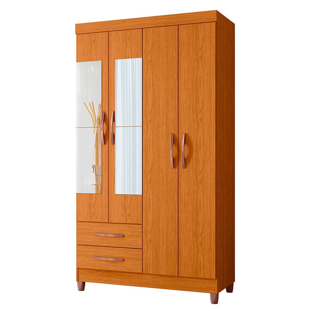 Guarda-Roupa Solteiro com Espelho Âmbar 4 Portas 2 Gavetas Cinamomo