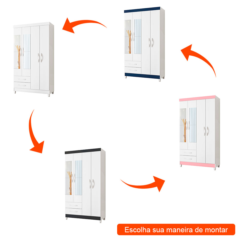 Guarda-Roupa Solteiro com Espelho Âmbar Flex 4 Portas 2 Gavetas Branco