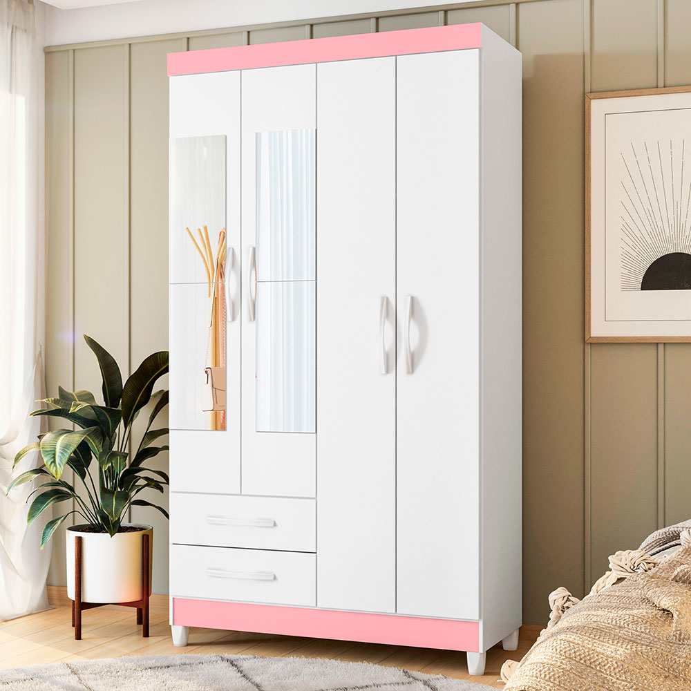 Guarda-Roupa Solteiro com Espelho Âmbar Flex 4 Portas 2 Gavetas Branco