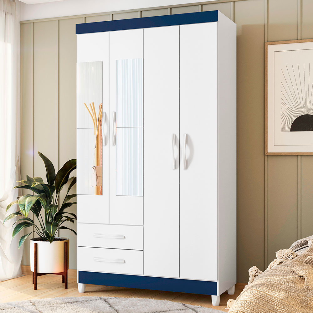 Guarda-Roupa Solteiro com Espelho Âmbar Flex 4 Portas 2 Gavetas Branco