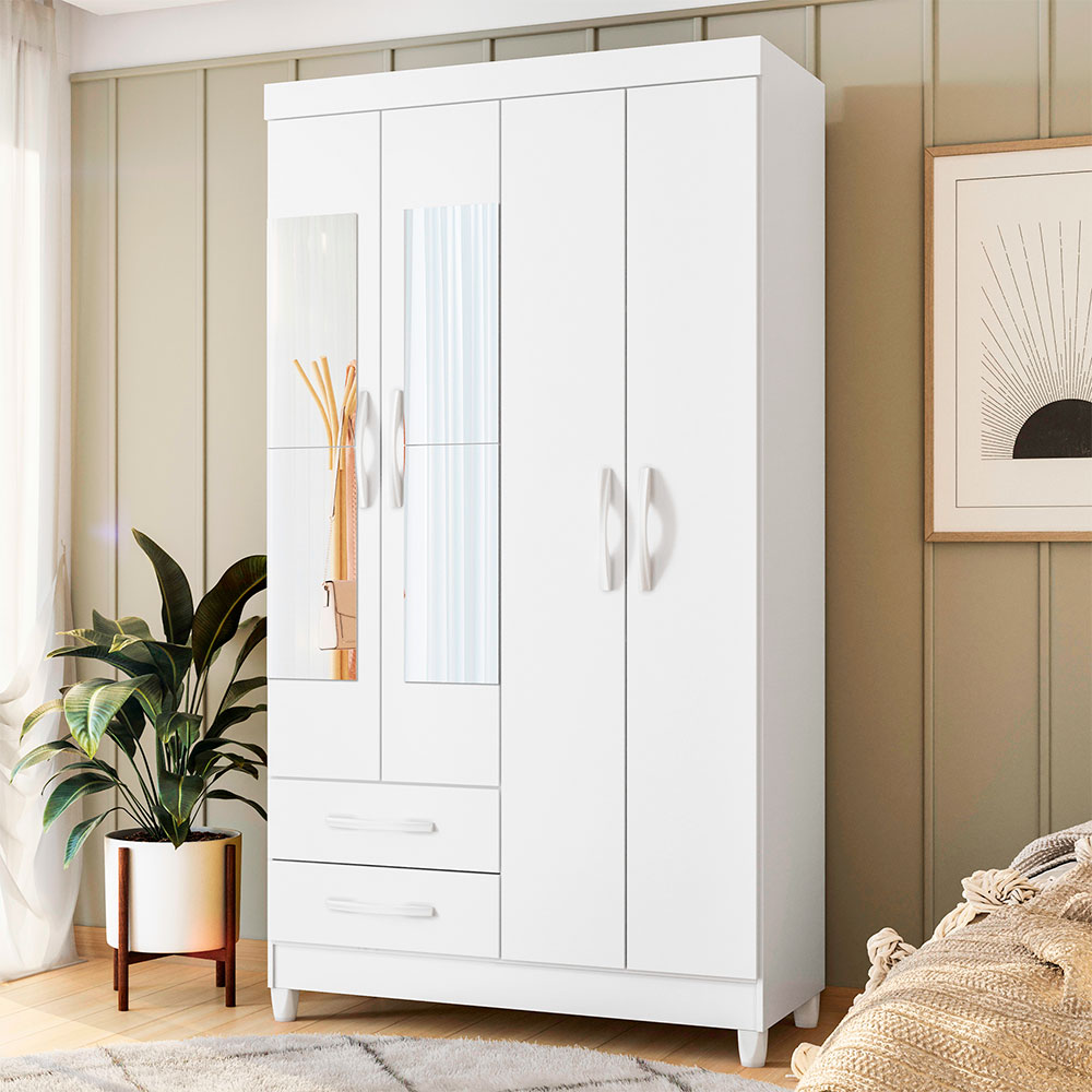 Guarda-Roupa Solteiro com Espelho Âmbar Flex 4 Portas 2 Gavetas Branco