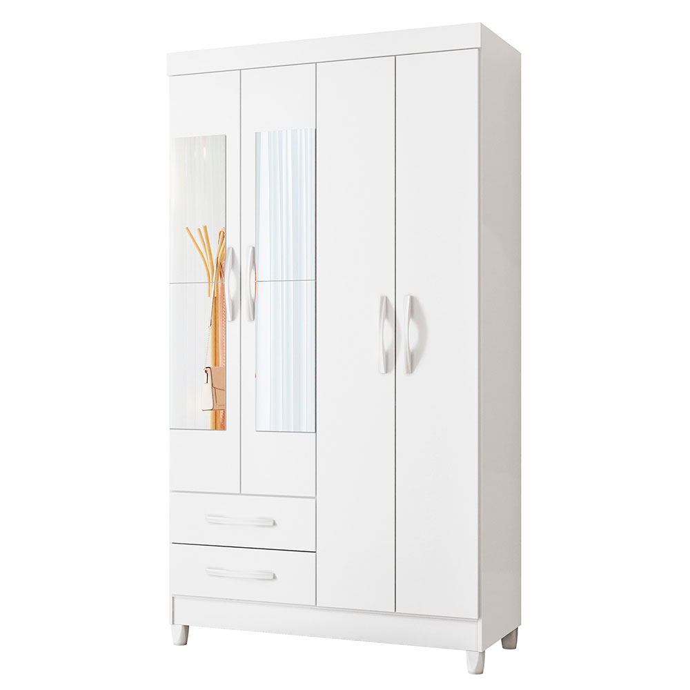 Guarda-Roupa Solteiro com Espelho Âmbar Flex 4 Portas 2 Gavetas Branco