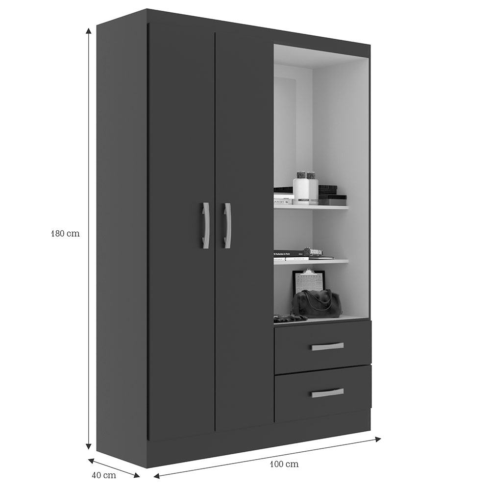 Guarda-Roupa Solteiro com Espelho Capelinha 2 Portas 2 Gavetas Preto