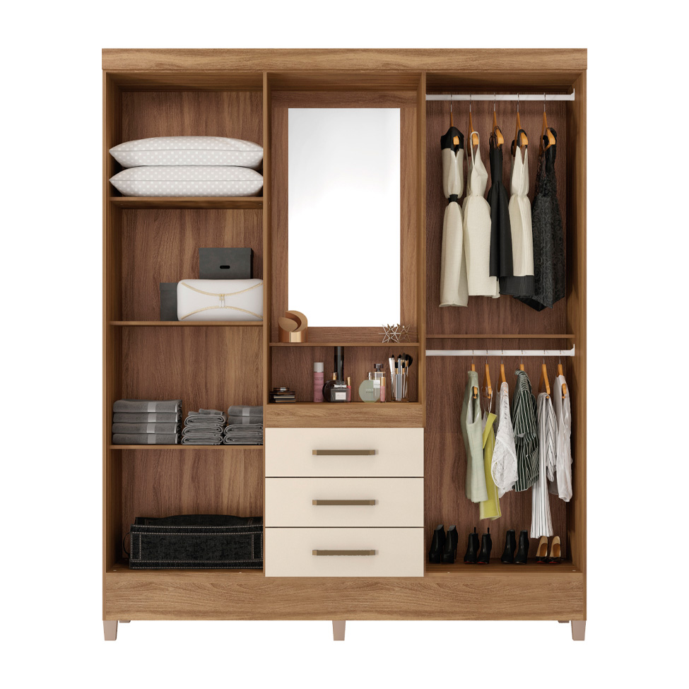 Guarda-Roupa Solteiro com Espelho Capelinha 4 Portas 3 Gavetas Amêndoa e Off White