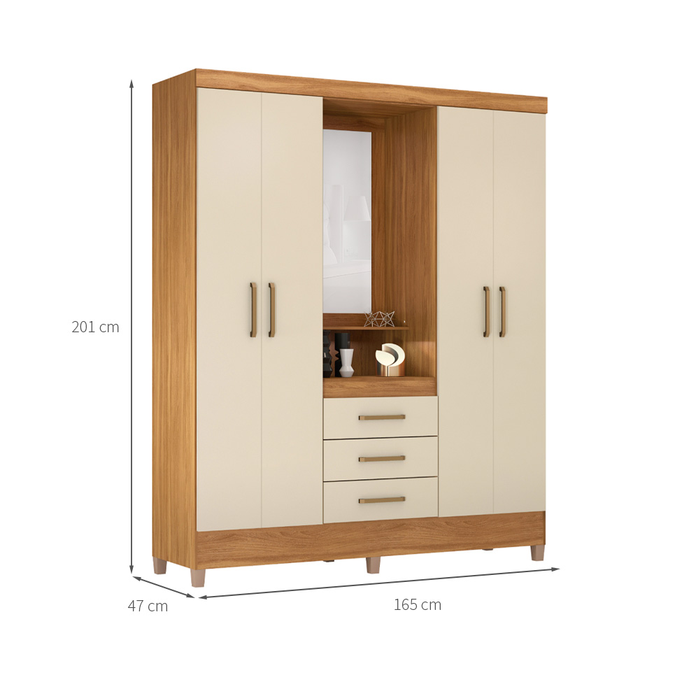 Guarda-Roupa Solteiro com Espelho Capelinha 4 Portas 3 Gavetas Amêndoa e Off White