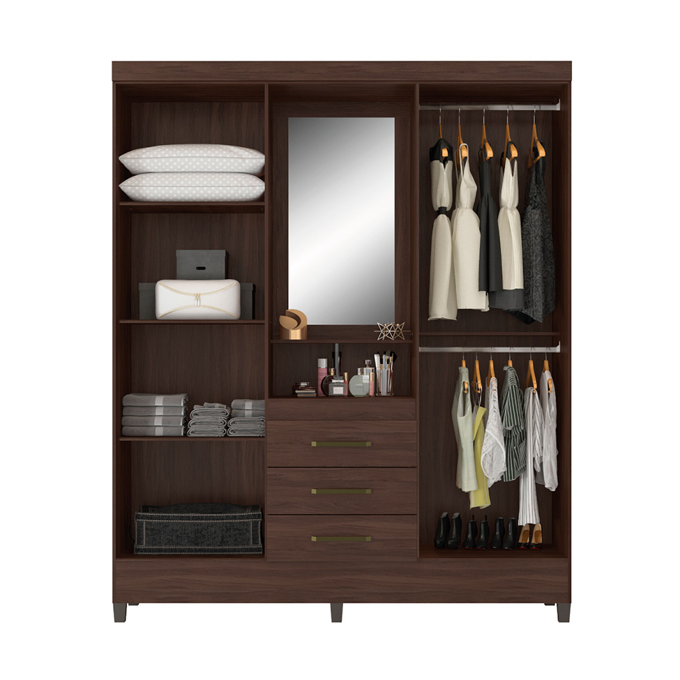 Guarda-Roupa Solteiro com Espelho Capelinha 4 Portas 3 Gavetas Café