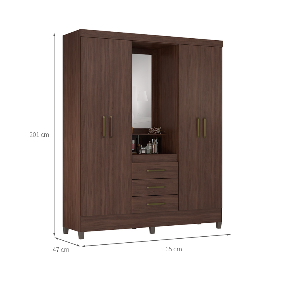 Guarda-Roupa Solteiro com Espelho Capelinha 4 Portas 3 Gavetas Café