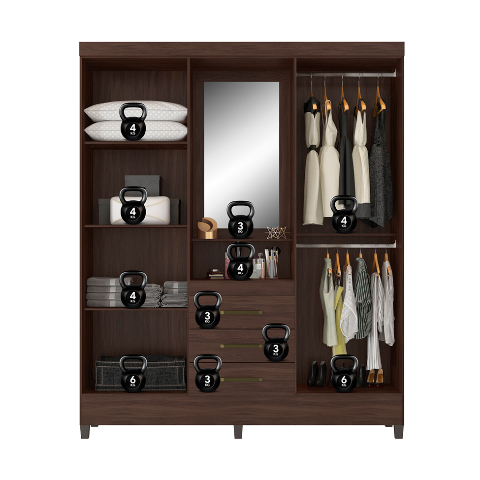Guarda-Roupa Solteiro com Espelho Capelinha 4 Portas 3 Gavetas Café