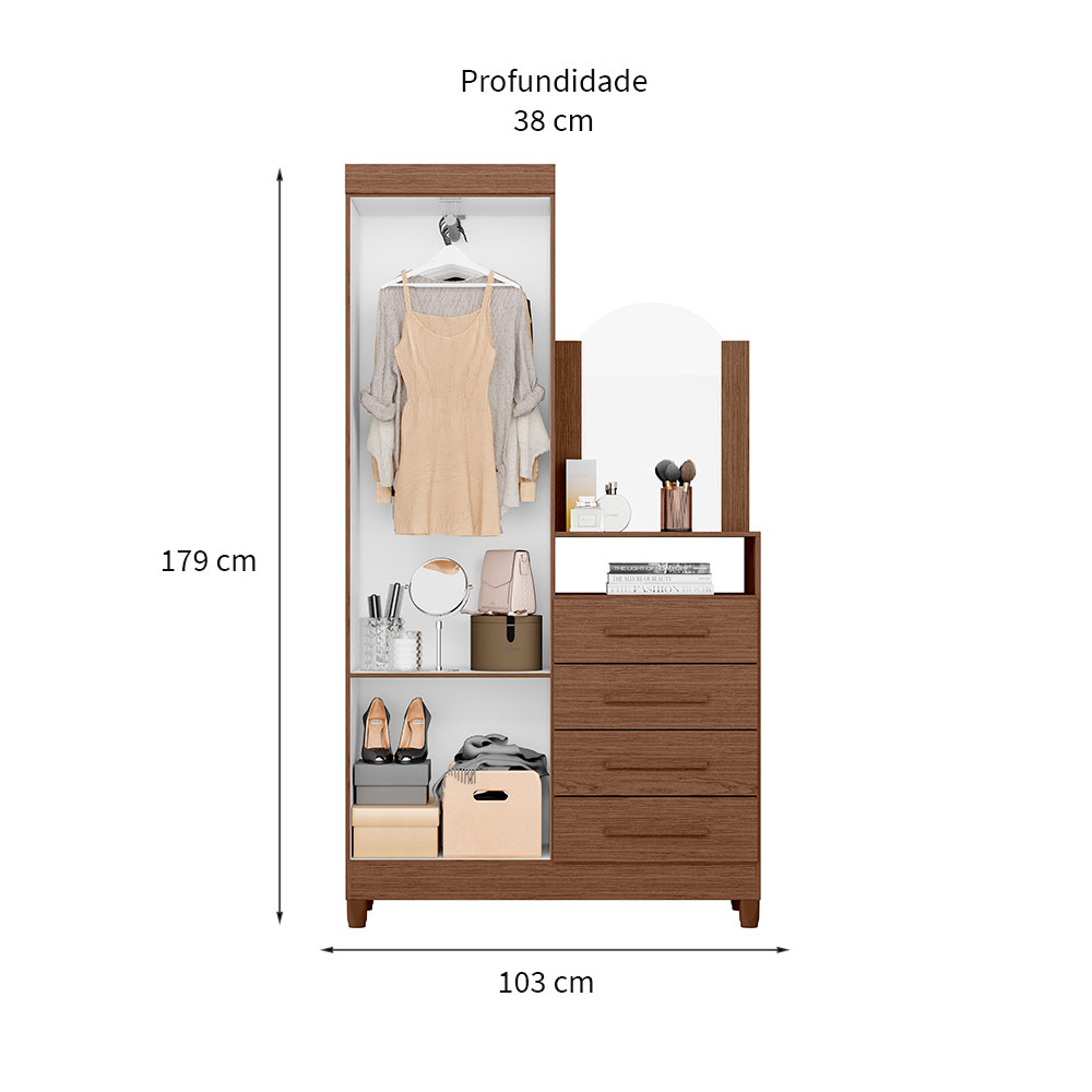 Guarda-Roupa Solteiro com Espelho Capri 2 Portas 4 Gavetas Cacau