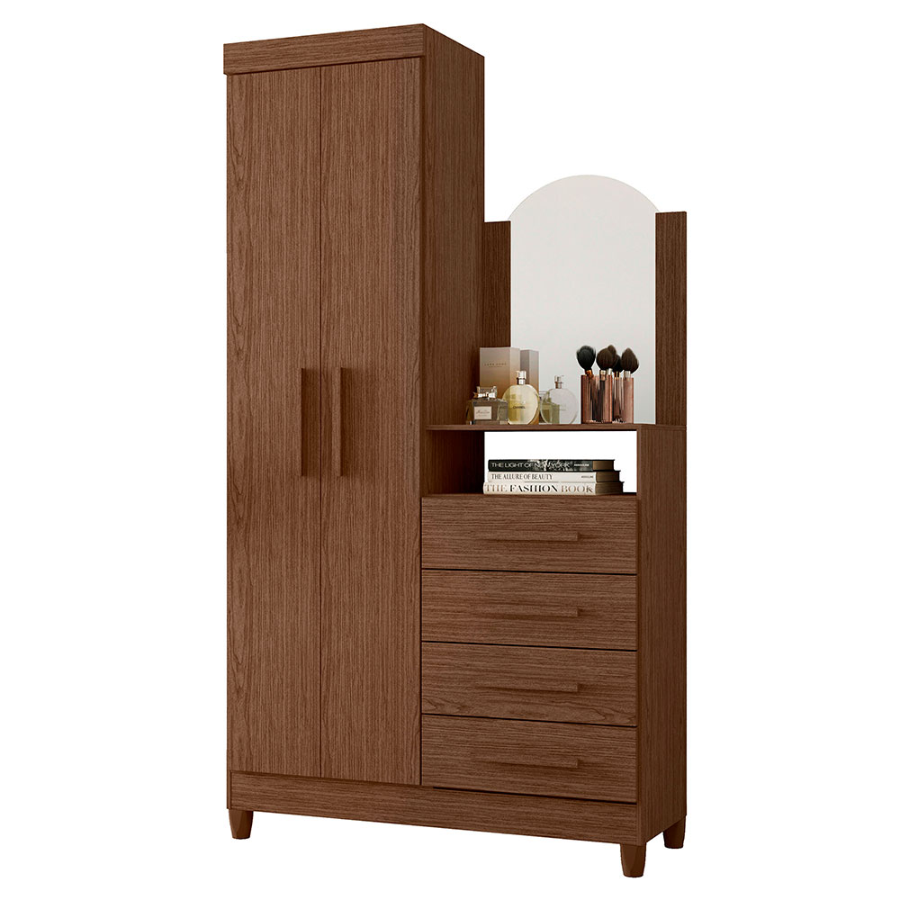 Guarda-Roupa Solteiro com Espelho Capri 2 Portas 4 Gavetas Cacau