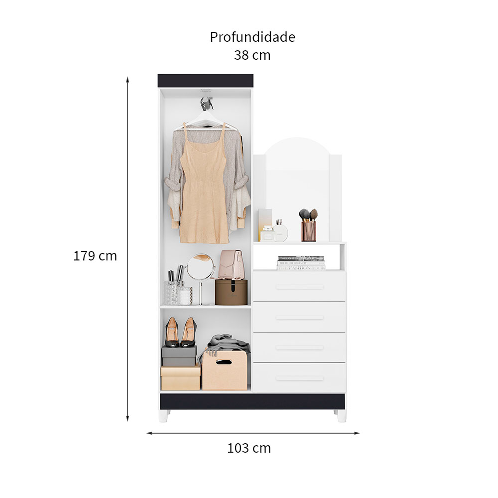 Guarda-Roupa Solteiro com Espelho Capri Flex 2 Portas 4 Gavetas Branco