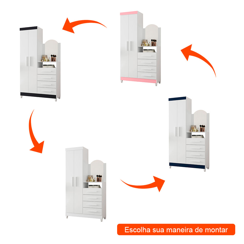 Guarda-Roupa Solteiro com Espelho Capri Flex 2 Portas 4 Gavetas Branco