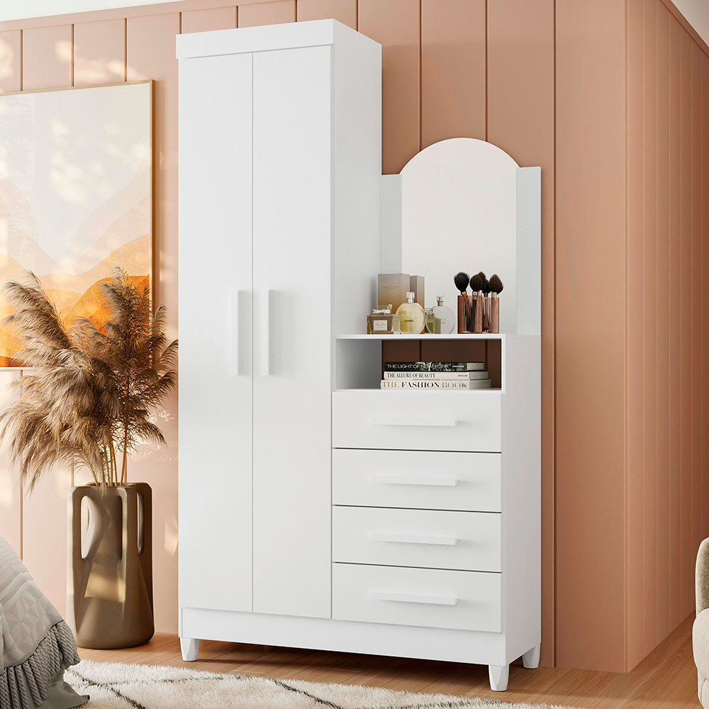 Guarda-Roupa Solteiro com Espelho Capri Flex 2 Portas 4 Gavetas Branco