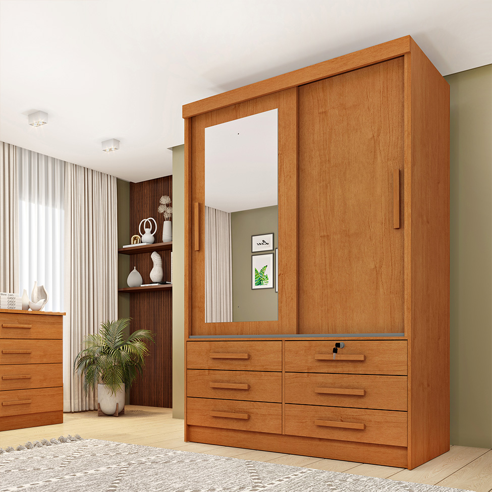 Guarda-Roupa Solteiro com Espelho Chicago 2 Portas 6 Gavetas Cinamomo