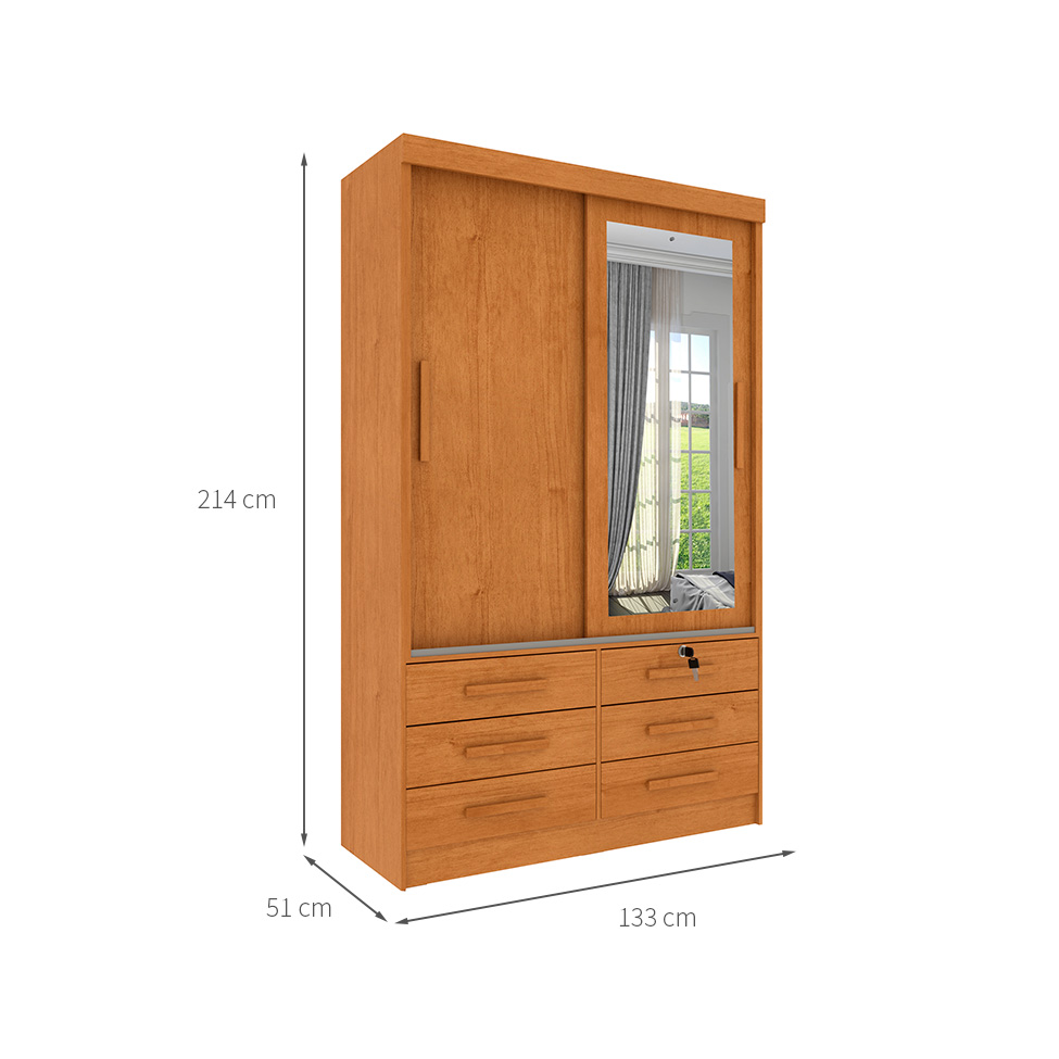 Guarda-Roupa Solteiro com Espelho Chicago 2 Portas 6 Gavetas Cinamomo
