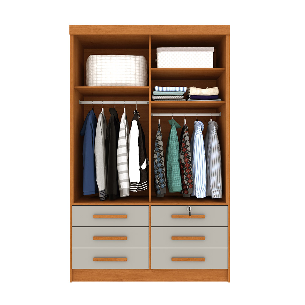 Guarda-Roupa Solteiro com Espelho Chicago 2 Portas 6 Gavetas Cinamomo e Off White