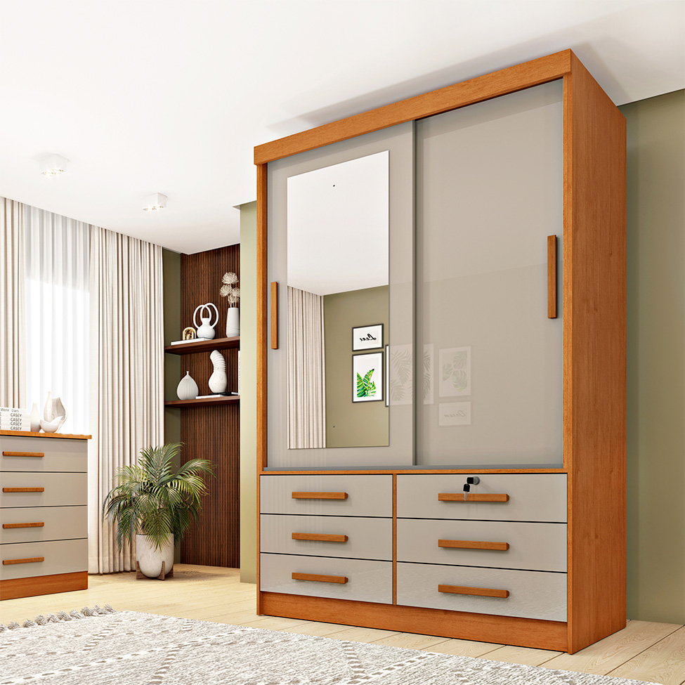 Guarda-Roupa Solteiro com Espelho Chicago 2 Portas 6 Gavetas Cinamomo e Off White