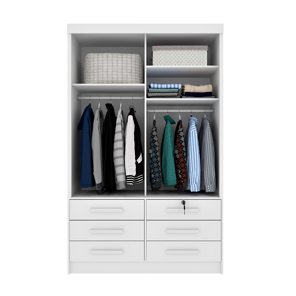 Guarda-Roupa Solteiro com Espelho Chicago 2 Portas 6 Gavetas Neve