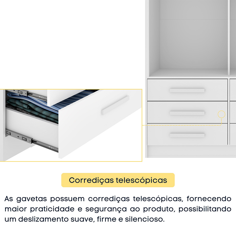 Guarda-Roupa Solteiro com Espelho Chicago 2 Portas 6 Gavetas Neve