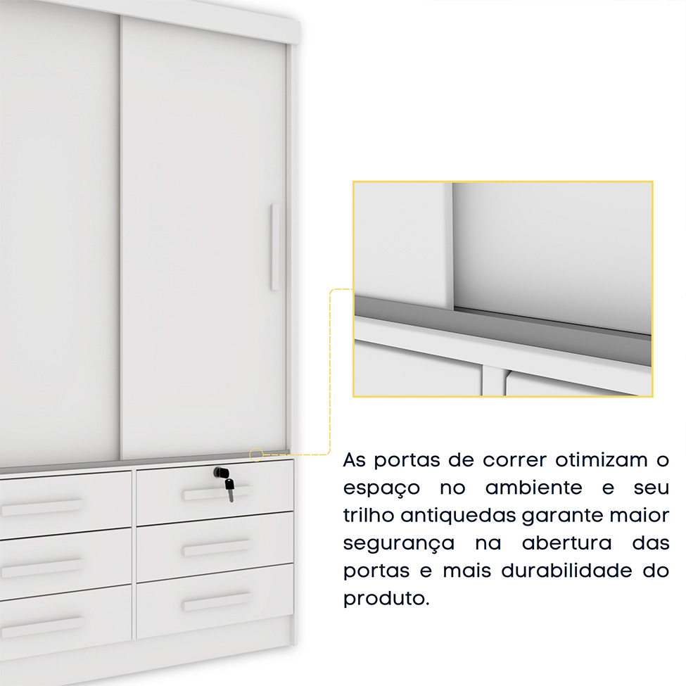 Guarda-Roupa Solteiro com Espelho Chicago 2 Portas 6 Gavetas Neve