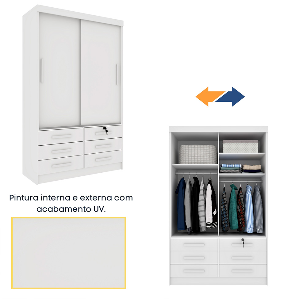 Guarda-Roupa Solteiro com Espelho Chicago 2 Portas 6 Gavetas Neve