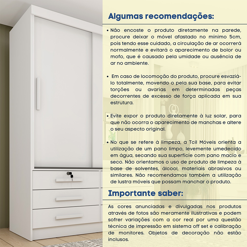 Guarda-Roupa Solteiro com Espelho Chicago 2 Portas 6 Gavetas Neve