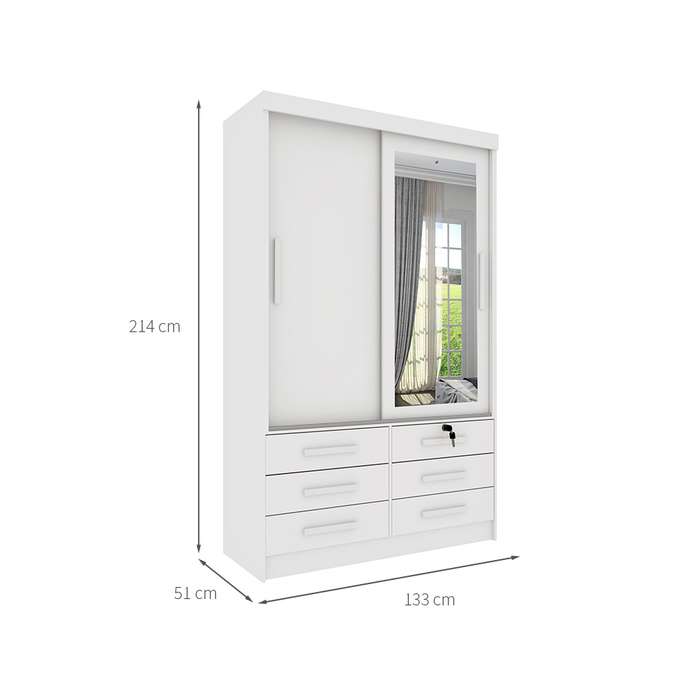 Guarda-Roupa Solteiro com Espelho Chicago 2 Portas 6 Gavetas Neve