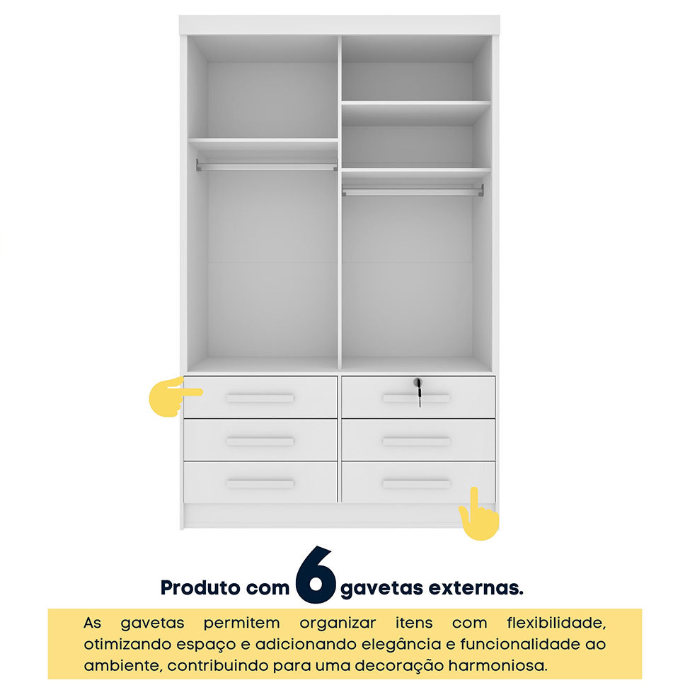 Guarda-Roupa Solteiro com Espelho Chicago 2 Portas 6 Gavetas Neve