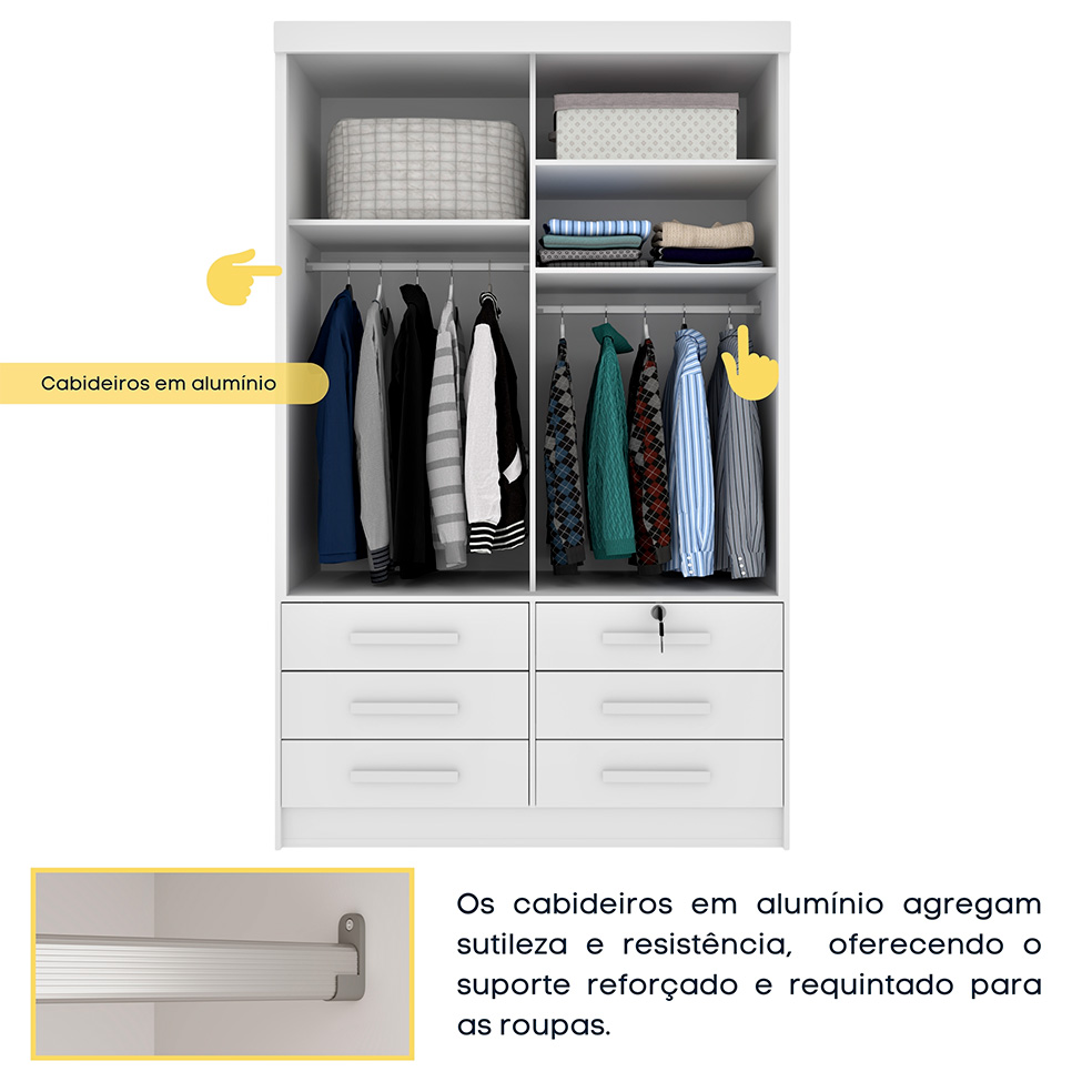 Guarda-Roupa Solteiro com Espelho Chicago 2 Portas 6 Gavetas Neve