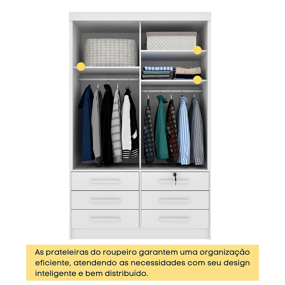 Guarda-Roupa Solteiro com Espelho Chicago 2 Portas 6 Gavetas Neve