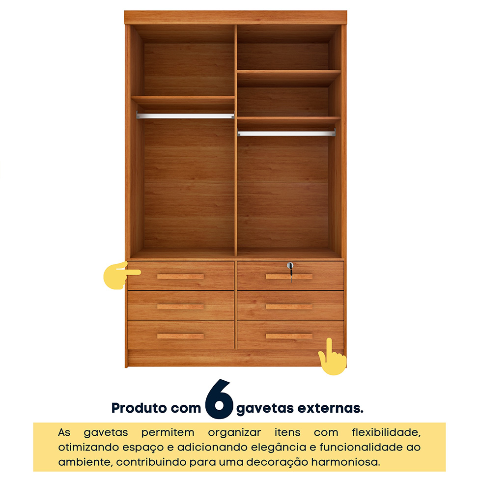 Guarda-Roupa Solteiro com Espelho Chicago II 2 Portas 6 Gavetas Cinamomo