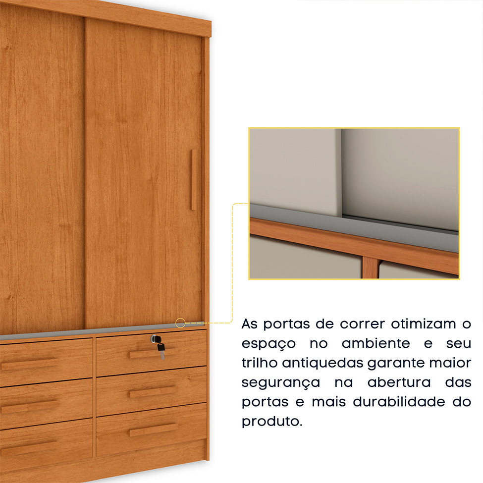 Guarda-Roupa Solteiro com Espelho Chicago II 2 Portas 6 Gavetas Cinamomo
