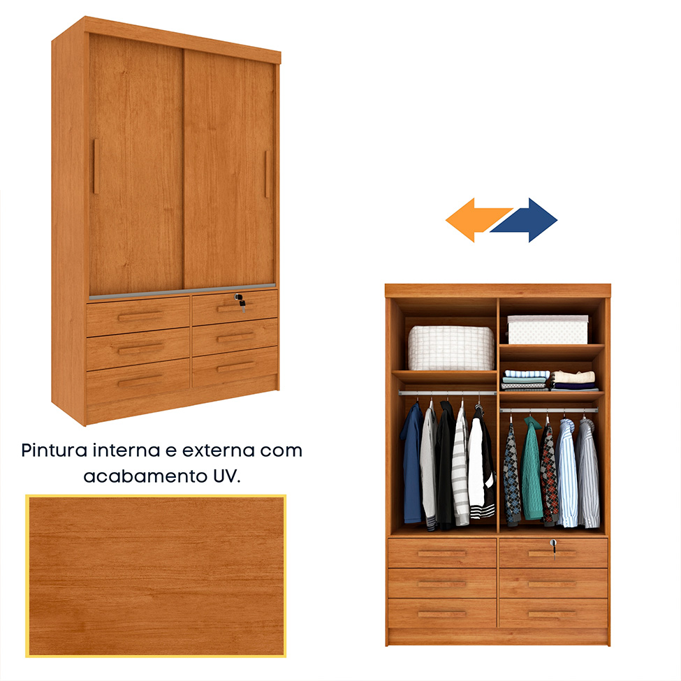 Guarda-Roupa Solteiro com Espelho Chicago II 2 Portas 6 Gavetas Cinamomo