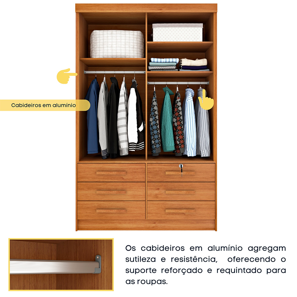 Guarda-Roupa Solteiro com Espelho Chicago II 2 Portas 6 Gavetas Cinamomo