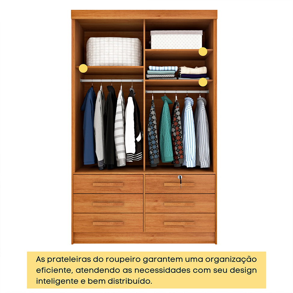 Guarda-Roupa Solteiro com Espelho Chicago II 2 Portas 6 Gavetas Cinamomo